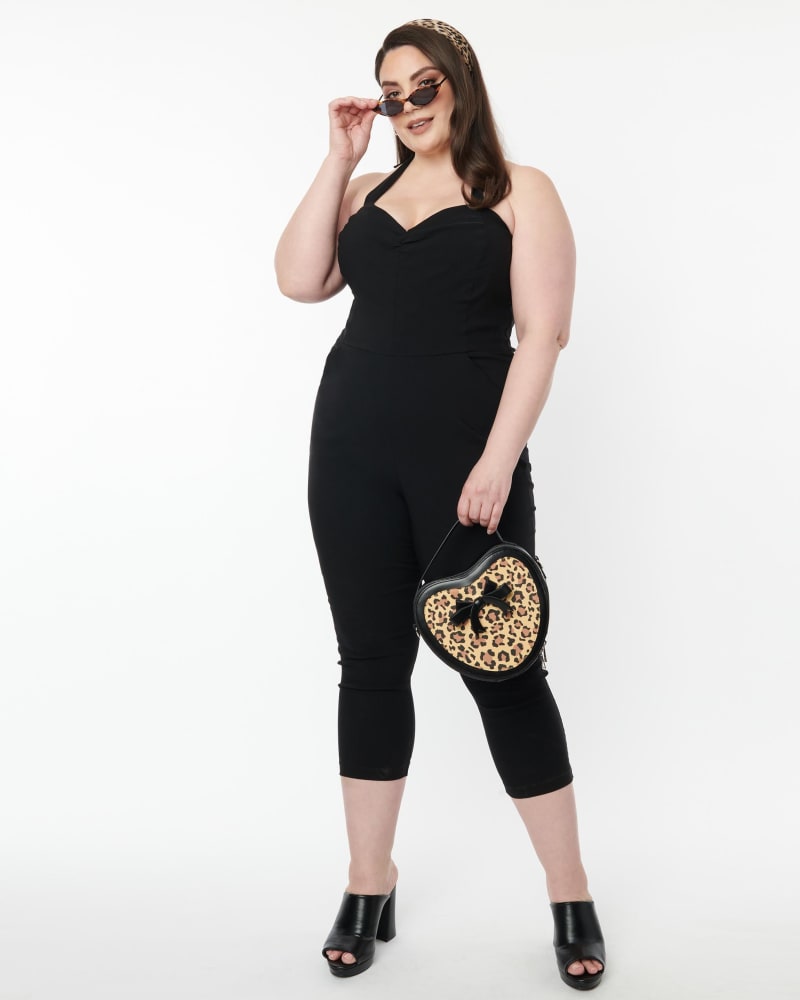 Front of a model wearing a size 1X/16 Unique Vintage Plus Size 1950s Black Halter Marcel Jumpsuit in Black by Unique Vintage. | dia_product_style_image_id:269742